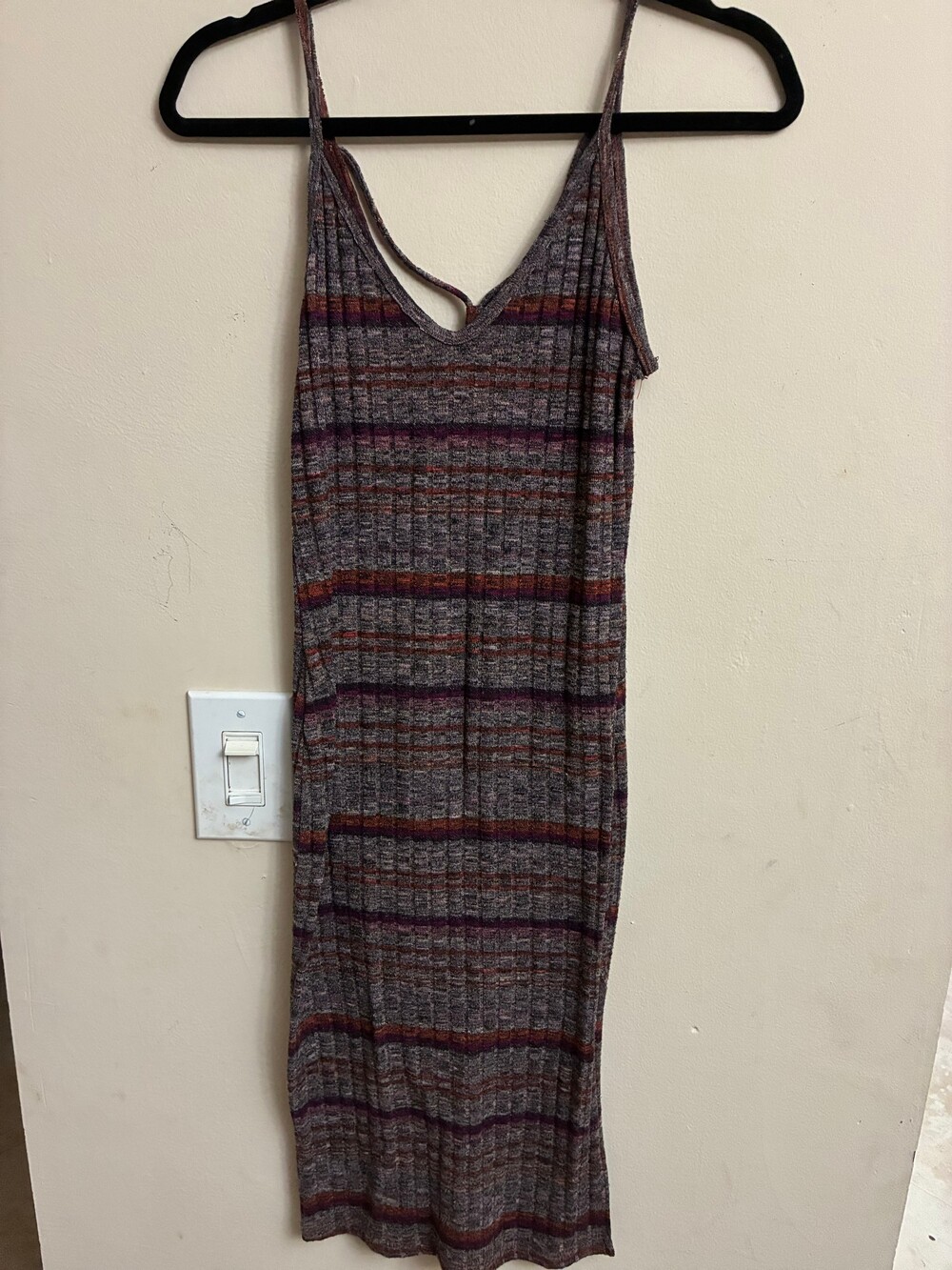 Lush Striped Knit Maxi Dress Racerback Boho 70s Festival Gray Burgundy